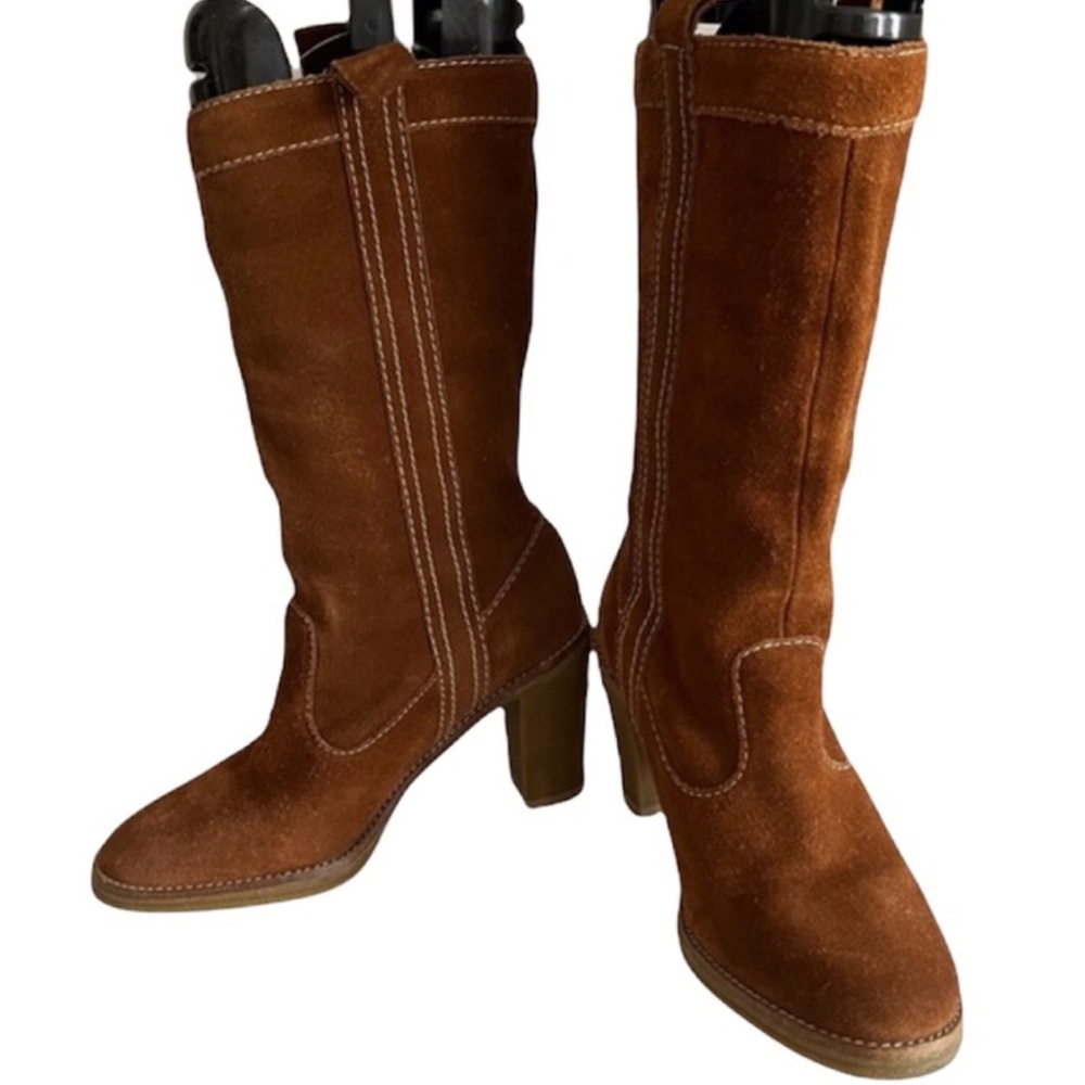 70s THROWBACK ZARA TAN SUEDE CHUNKY HEELED BOOT